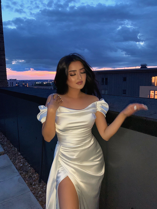 Schulterfreies weißes Satin-Abendkleid, weißes Abendkleid, Y2514