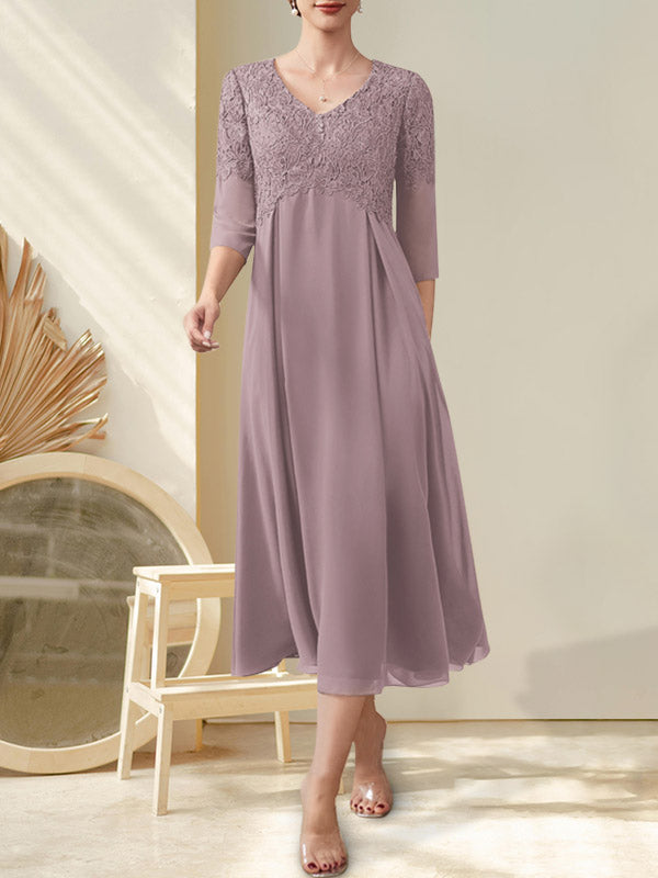 Vestido de gasa con encaje y escote en V, largo hasta la rodilla, para madre de la novia con cuentas