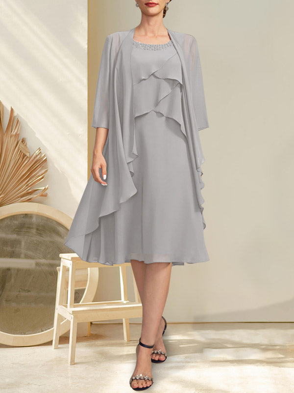Vestido de gasa para madre de la novia con escote en A y escote redondo hasta la rodilla con cuentas