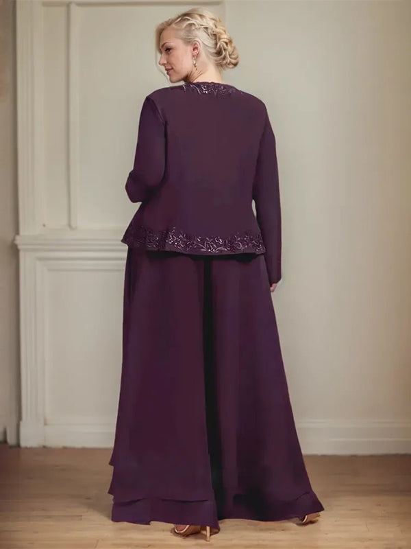 Vestido de madre de la novia de gasa con encaje y lentejuelas, largo hasta los tobillos, con mono/pantalón separado