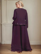 Vestido de madre de la novia de gasa con encaje y lentejuelas, largo hasta los tobillos, con mono/pantalón separado
