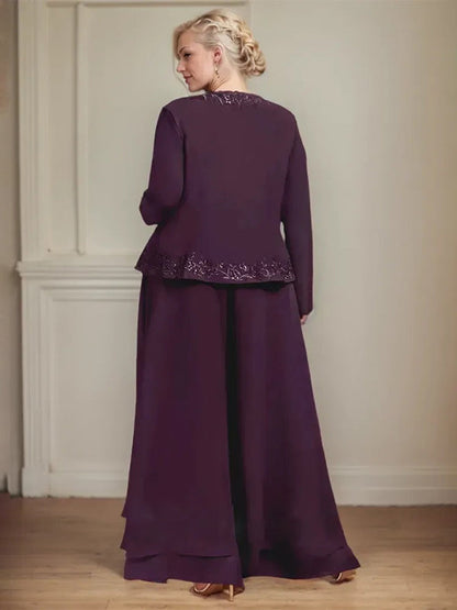 Separates Jumpsuit/Hosenanzug Quadratisches Knöchellanges Spitzenchiffonkleid für die Brautmutter mit Pailletten 