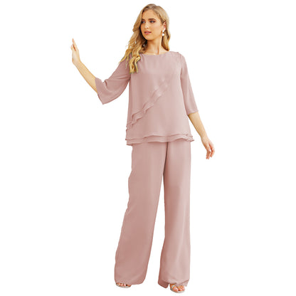 Sunnderly Chiffon Mother of The Bride Dress Plus Size Pant Suits Ruffle Layers