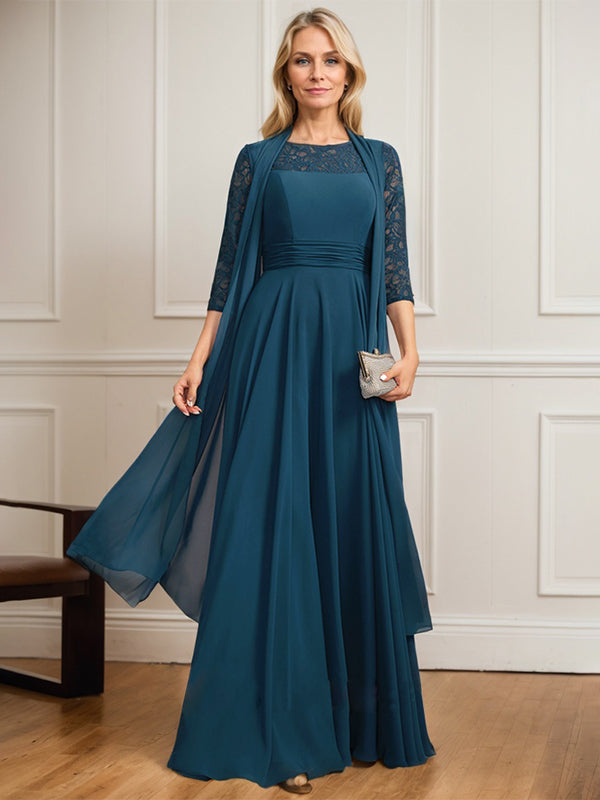 Vestido de gasa de encaje con ilusión de corte A hasta el suelo para madre de la novia con pliegues