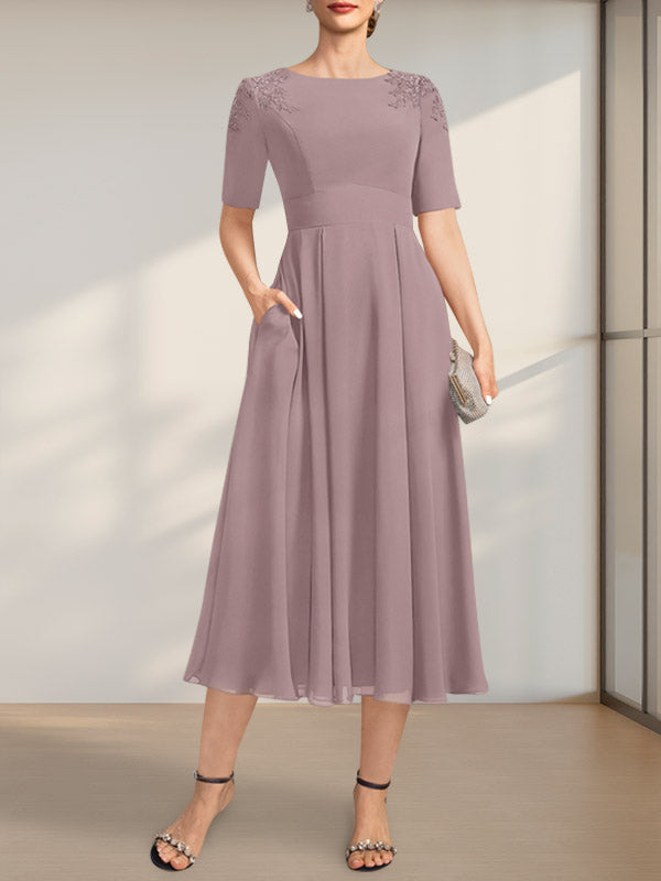 Vestido de gasa para madre de la novia, corte A, escote redondo, largo hasta la rodilla, con apliques de encaje y lentejuelas
