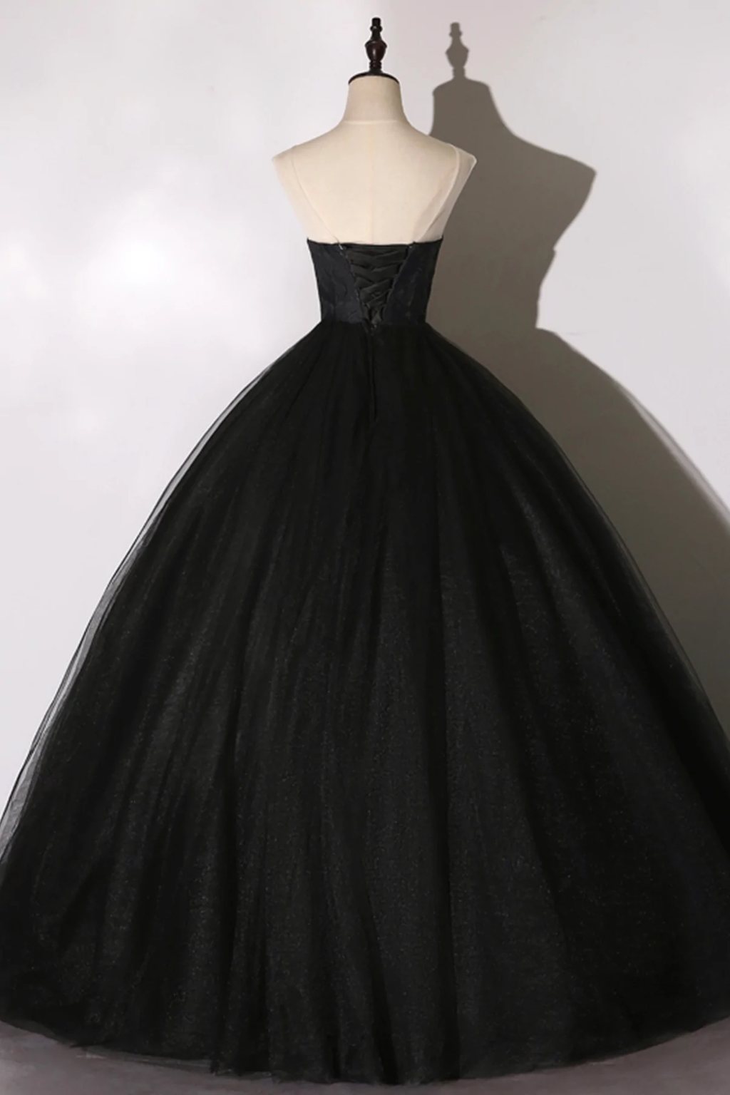 Vestido largo de encaje negro con corte A y corte formal Y1295