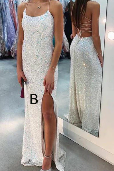 Glitzerndes Meerjungfrau-Abendkleid mit Spaghettiträgern und weißen Pailletten Y8071