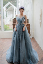Blaues, perlenbesetztes, langes A-Linien-Ballkleid aus Tüll, blaues Abendkleid Y1579