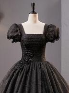 Schwarzes langes Ballkleid aus Tüll mit quadratischem Ausschnitt, glänzendes schwarzes Abendkleid Y4386