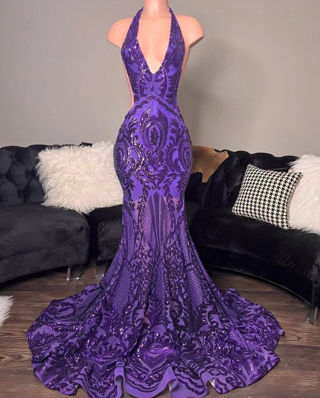 Vestidos de fiesta morados, vestidos de fiesta de sirena, vestidos de noche a medida, vestidos de fiesta de moda, vestidos de fiesta con cuello halter, vestidos formales brillantes Y1455