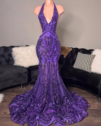 Vestidos de fiesta morados, vestidos de fiesta de sirena, vestidos de noche a medida, vestidos de fiesta de moda, vestidos de fiesta con cuello halter, vestidos formales brillantes Y1455