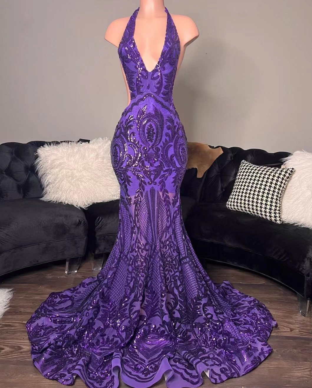 Vestidos de fiesta morados, vestidos de fiesta de sirena, vestidos de noche a medida, vestidos de fiesta de moda, vestidos de fiesta con cuello halter, vestidos formales brillantes Y1455