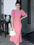 Vestido de fiesta rosa elegante con mangas abullonadas y largo medio, vestido de noche rosa Y7113