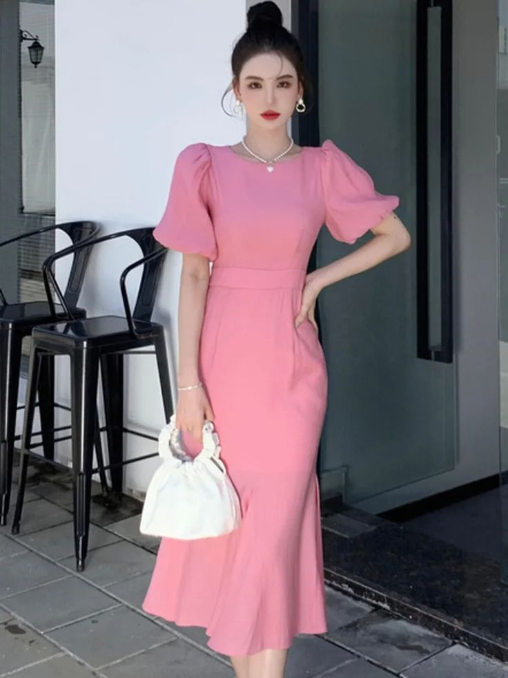 Vestido de fiesta rosa elegante con mangas abullonadas y largo medio, vestido de noche rosa Y7113