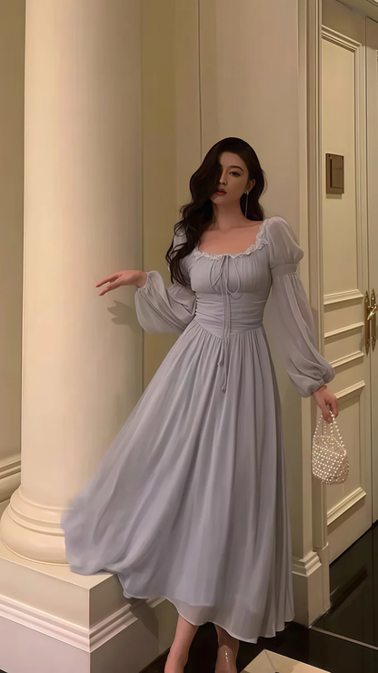 Graues Chiffon-Partykleid mit langen Ärmeln und Spitze, elegantes Abschlussball-/Abendkleid Y8021