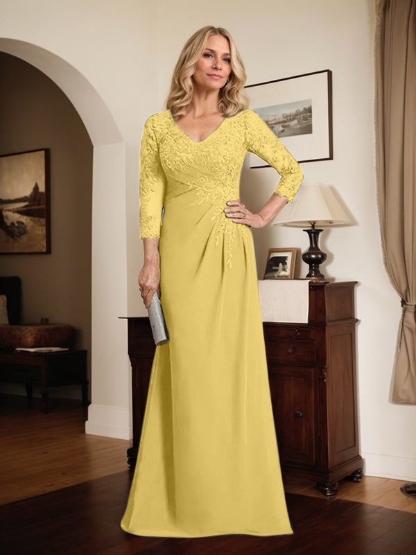 Vestido de madre de la novia de gasa con encaje, escote en V, ilusión, largo hasta el suelo, con lentejuelas plisadas