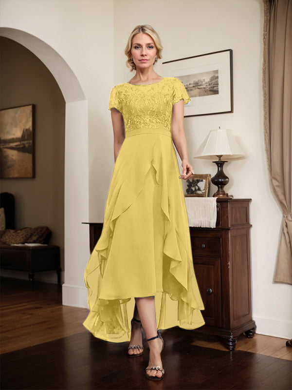 Vestido de madre de la novia de gasa asimétrica con escote en A, ilusión, encaje, lazo, volante y lentejuelas