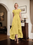 Vestido de madre de la novia de gasa asimétrica con escote en A, ilusión, encaje, lazo, volante y lentejuelas