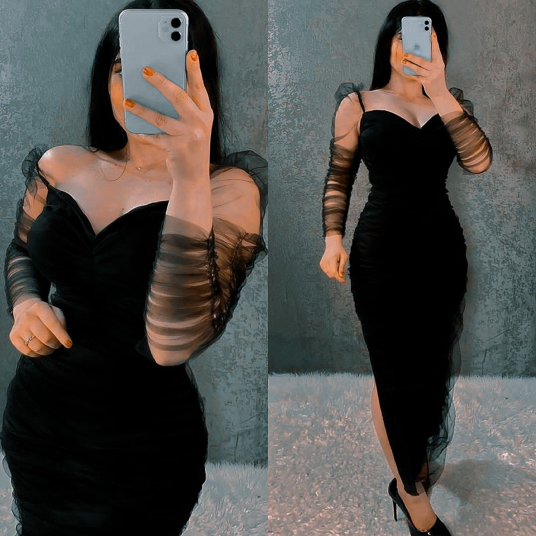 Vestido de fiesta negro de malla con mangas largas para mujer, vestido de cóctel negro Y5549