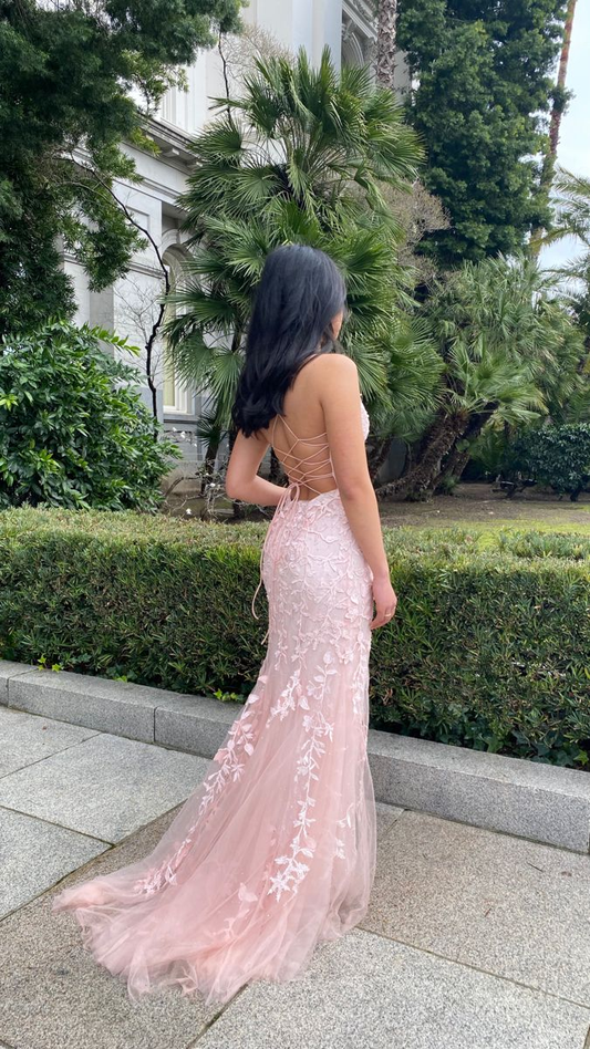 Rosa Meerjungfrau Spitze Tüll Ballkleid Schnürung am Rücken Abendkleid Y2902