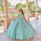Vestido de quinceañera con escote corazón, hombros descubiertos, color verde esmeralda, con flores y cuentas hechas a mano, Y293