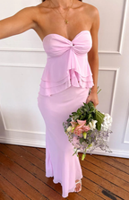 Vestido de noche elegante de gasa rosa con escote corazón y volantes, bonito vestido de fiesta Y8323