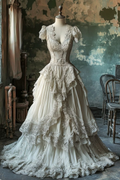 Vintage Elfenbein Spitze Chiffon Ballkleid. Lange A-Linie Brautkleid Ballkleid Y8029