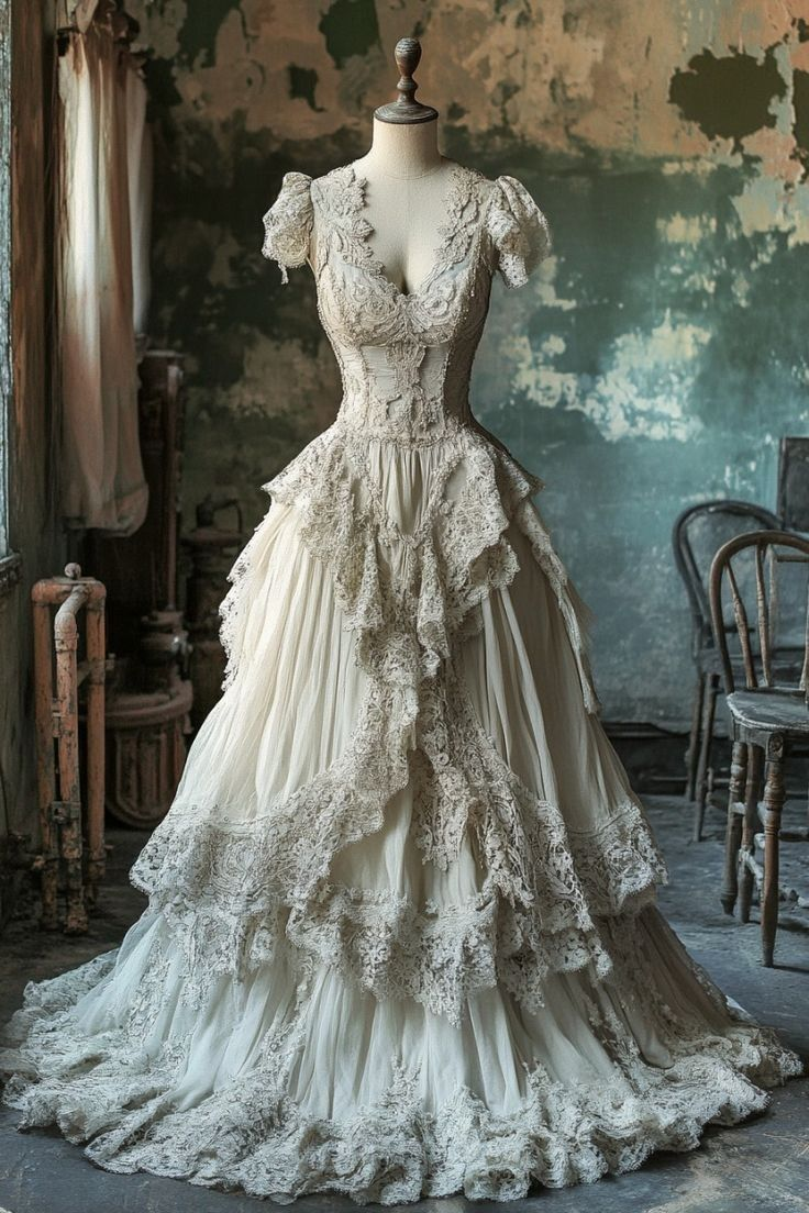 Vintage Ivory Lace Chiffon Ball Gown .Long A Line Wedding Dress Prom Dress Y8029