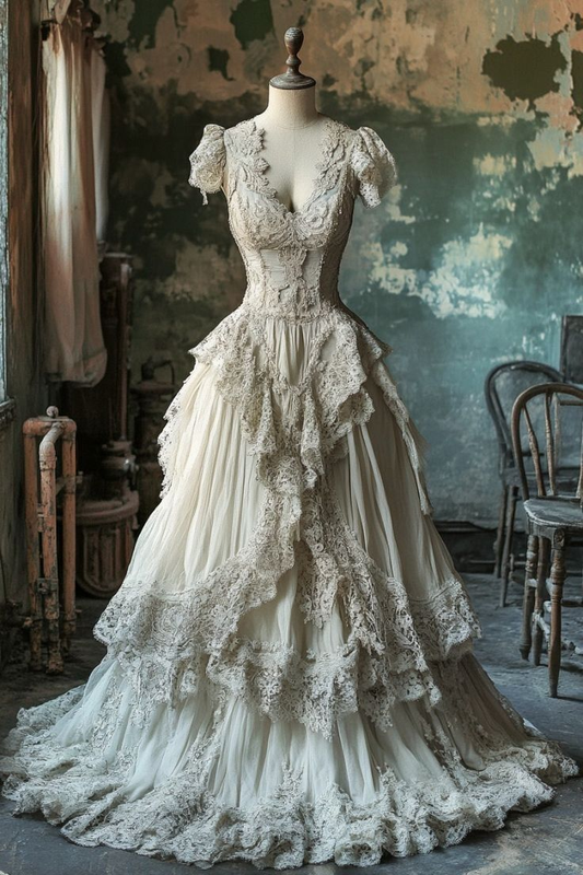 Vintage Ivory Lace Chiffon Ball Gown .Long A Line Wedding Dress Prom Dress Y8029