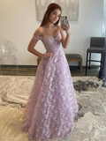 Vestidos de fiesta largos de encaje lila con hombros descubiertos, vestidos formales con hombros descubiertos, vestidos de noche lila Y5340
