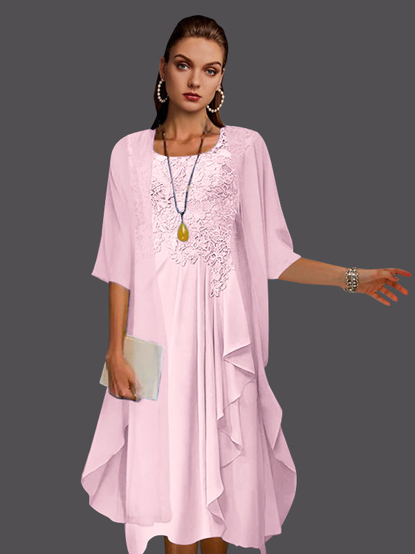 Vestido de dos piezas de gasa, corte A, sin mangas, con encaje y apliques plisados