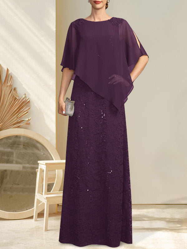 Vestido de madre de la novia de gasa con encaje, escote redondo y largo hasta el suelo, con lentejuelas y abalorios
