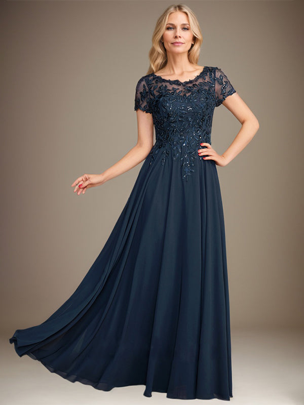 Vestido de gasa para madre de la novia, corte A, largo hasta el suelo, con apliques y lentejuelas