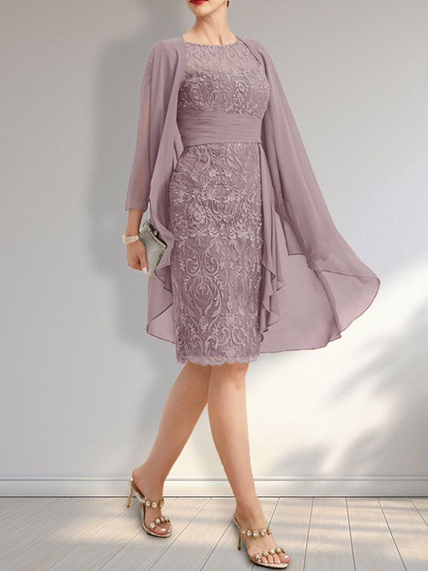 Vestido de madre de la novia de gasa con encaje, escote redondo, ilusión, largo hasta la rodilla, con volantes en cascada y lentejuelas