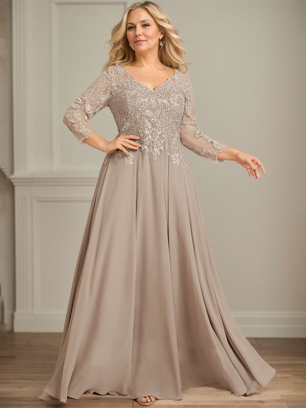 A-Linie V-Ausschnitt Bodenlanges Spitzen-Chiffon-Kleid für die Brautmutter mit Pailletten 