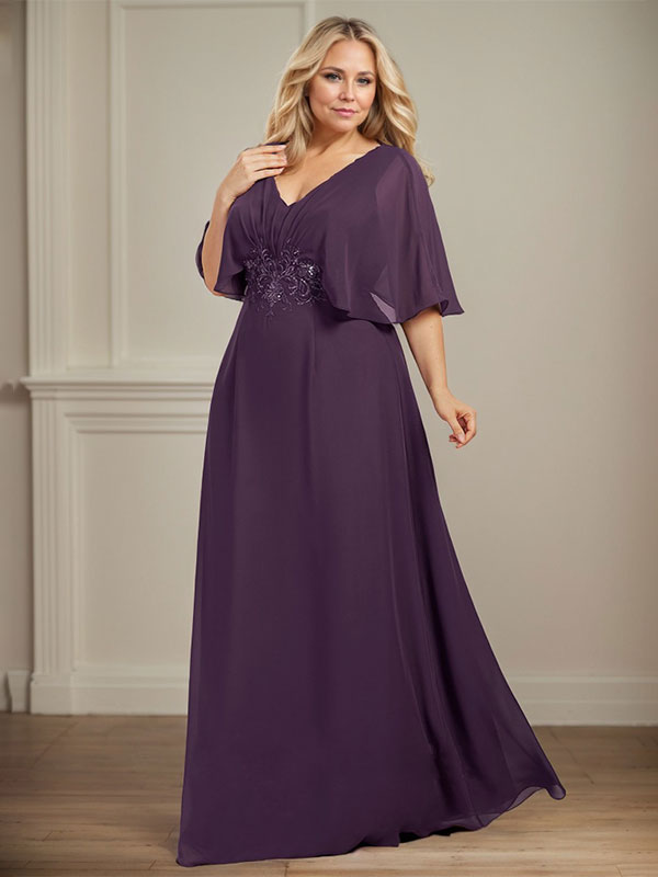 A-Linie V-Ausschnitt Bodenlanges Chiffonkleid für die Brautmutter mit plissierten Paillettenapplikationen Spitze