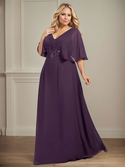 A-Linie V-Ausschnitt Bodenlanges Chiffonkleid für die Brautmutter mit plissierten Paillettenapplikationen Spitze