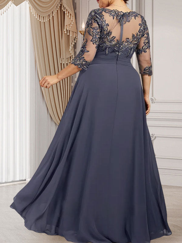 A-line Scoop Illusion Floor-Length Lace Chiffon Mother of the Bride Dress With Cascading Ruffles