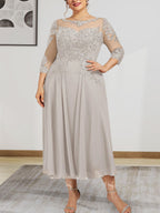 Vestido de gasa con encaje, corte A, ilusión, largo hasta la rodilla, para madre de la novia, con lentejuelas y abalorios
