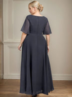 Vestido de gasa para madre de la novia con escote en V, largo hasta los tobillos, corte A y lentejuelas plisadas con cuentas