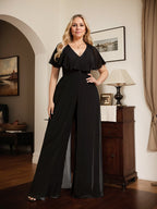 Vestido de noche de gasa con escote en V y largo hasta el suelo, tipo mono/pantalón