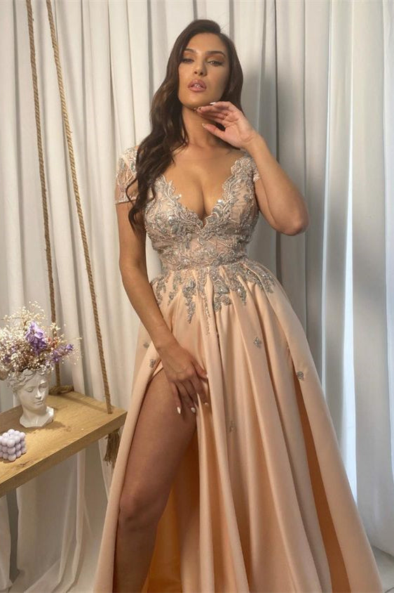 Vestido de fiesta con escote en V, encaje, hombros descubiertos, corte A y abertura frontal con apliques