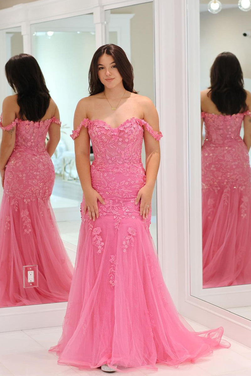 Mermaid Off the Shoulder Tulle Long Prom Dress with Appliques