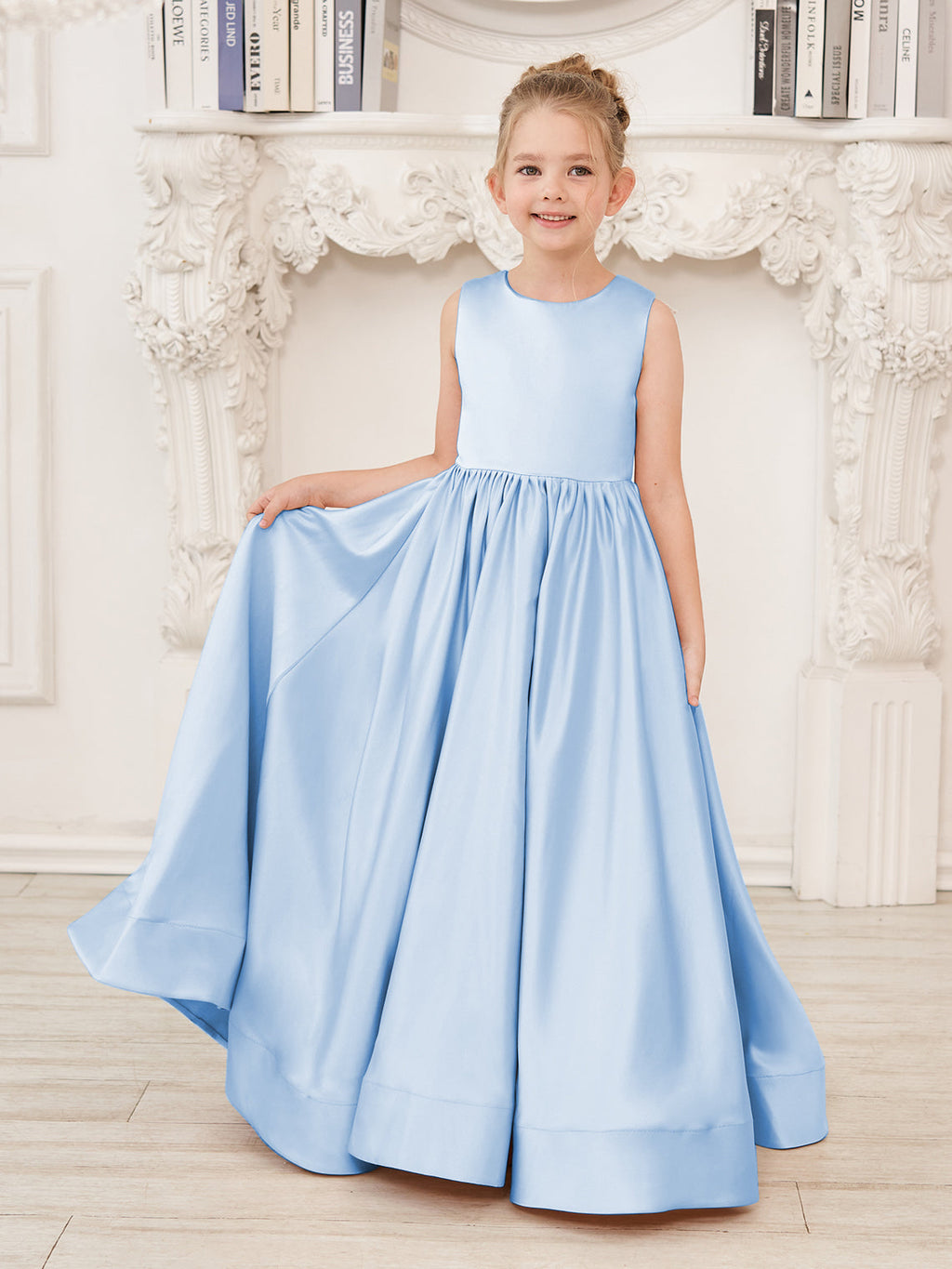 A-Linie Spitze Satin Bodenlang Blumenmädchenkleid 