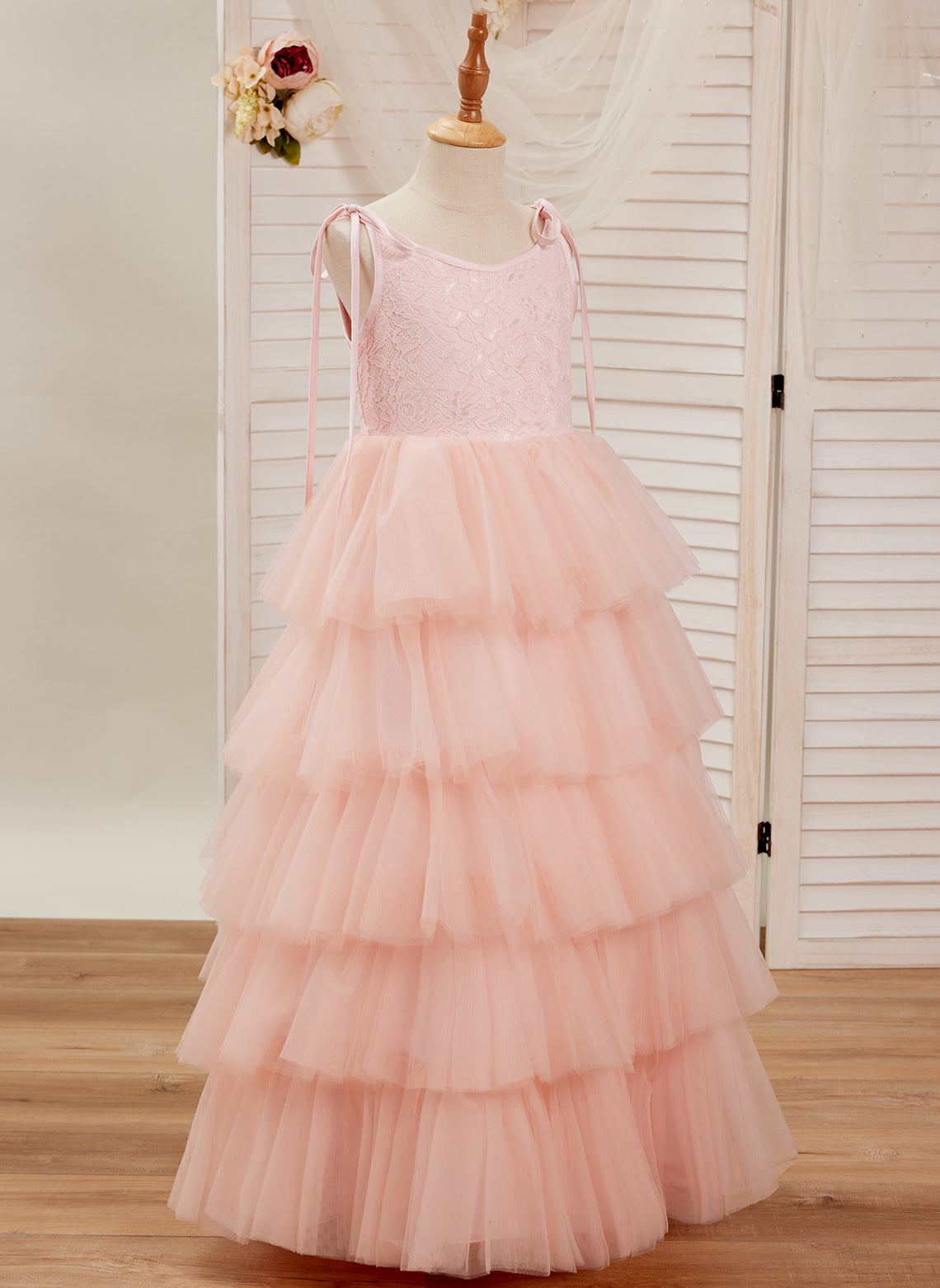 A-Linie Spitze Tüll Bodenlang Rosa Kleid (010220942) 