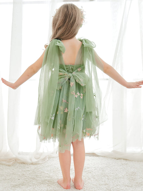 Vestido de tul con bordado floral sin mangas y corte A para niña pequeña