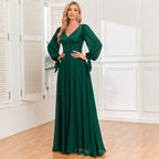 Long Sleeve Lace Up High Quality Double V Neck Sequin Chiffon Patchwork A Line Big Swing Full Lining Party Evening Dress