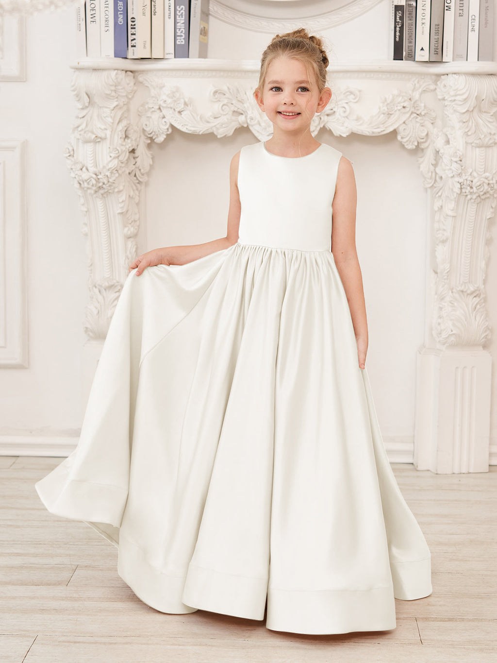 A-Linie Spitze Satin Bodenlang Blumenmädchenkleid 