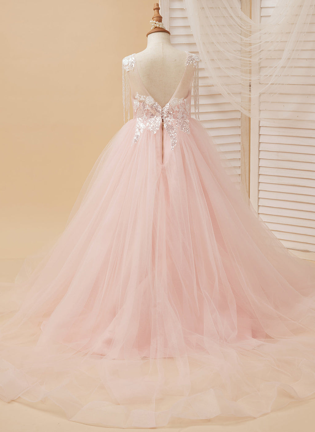 Duchesse-Linie/Princess-Linie Satin Tüll Bodenlang Rosa Blumenmädchenkleid 