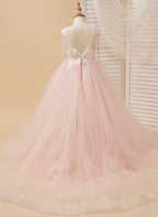 Duchesse-Linie/Princess-Linie Satin Tüll Bodenlang Rosa Blumenmädchenkleid 